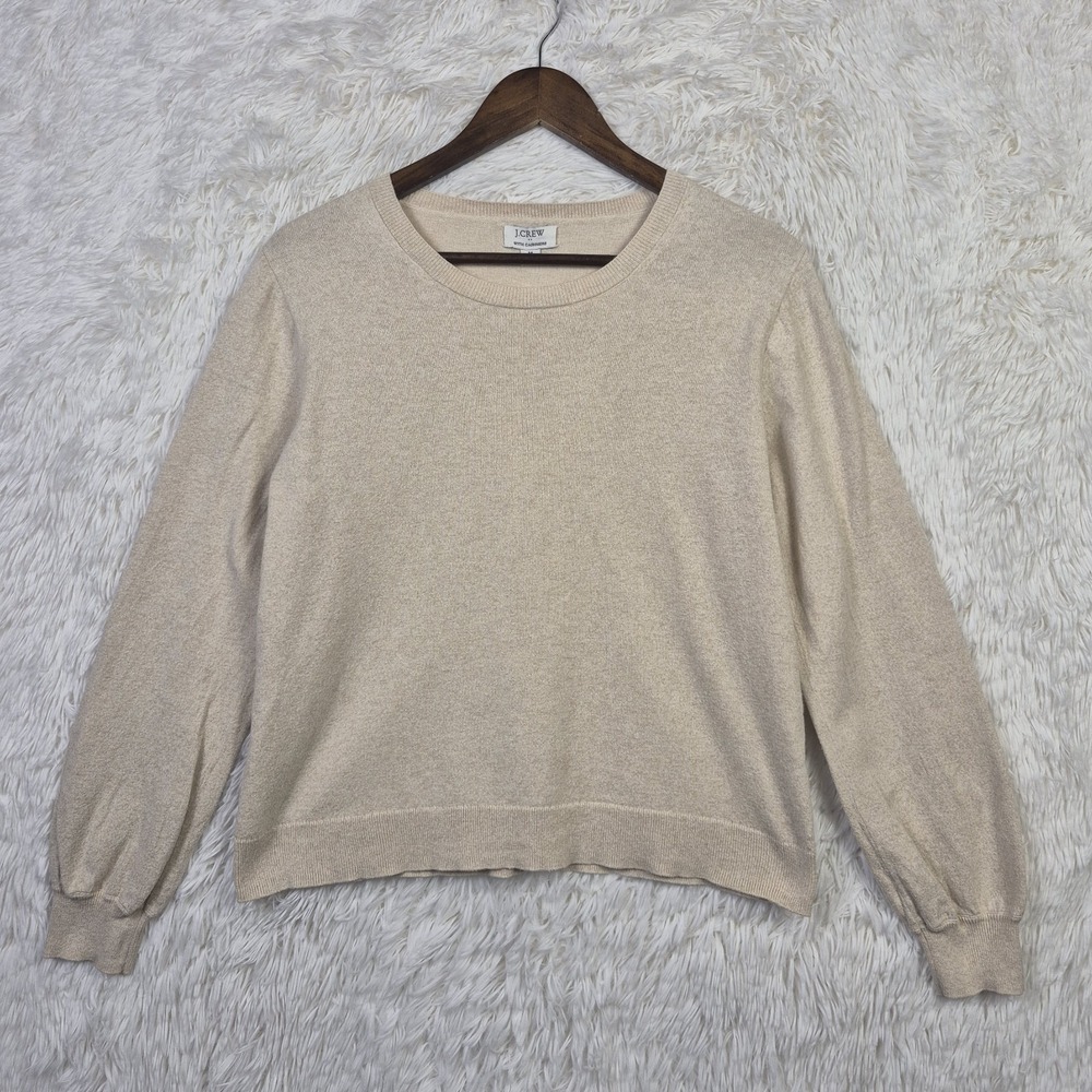 J.Crew Women Oatmeal Beige Cotton Cashmere Puff Sleeve Crewneck Sweater M